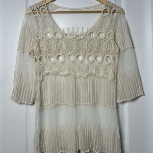 Cream Crochet Lace Cutout 3/4 Sleeve Tiered Top Cottagecore Boho Festival Style